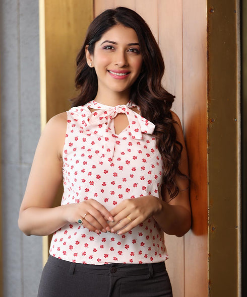 Floral Printed Sleeveless Back Tie Top